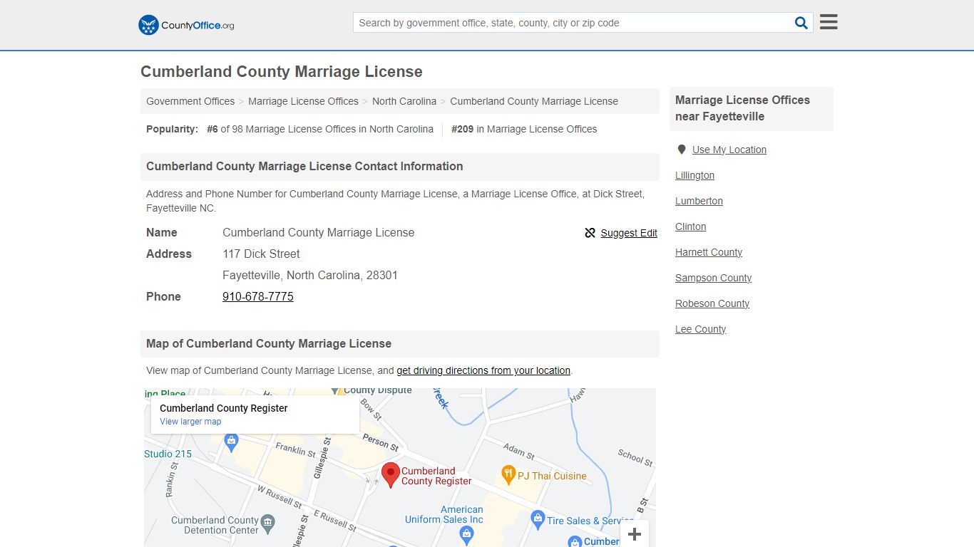 Cumberland County Marriage License - Fayetteville, NC (Address and Phone)